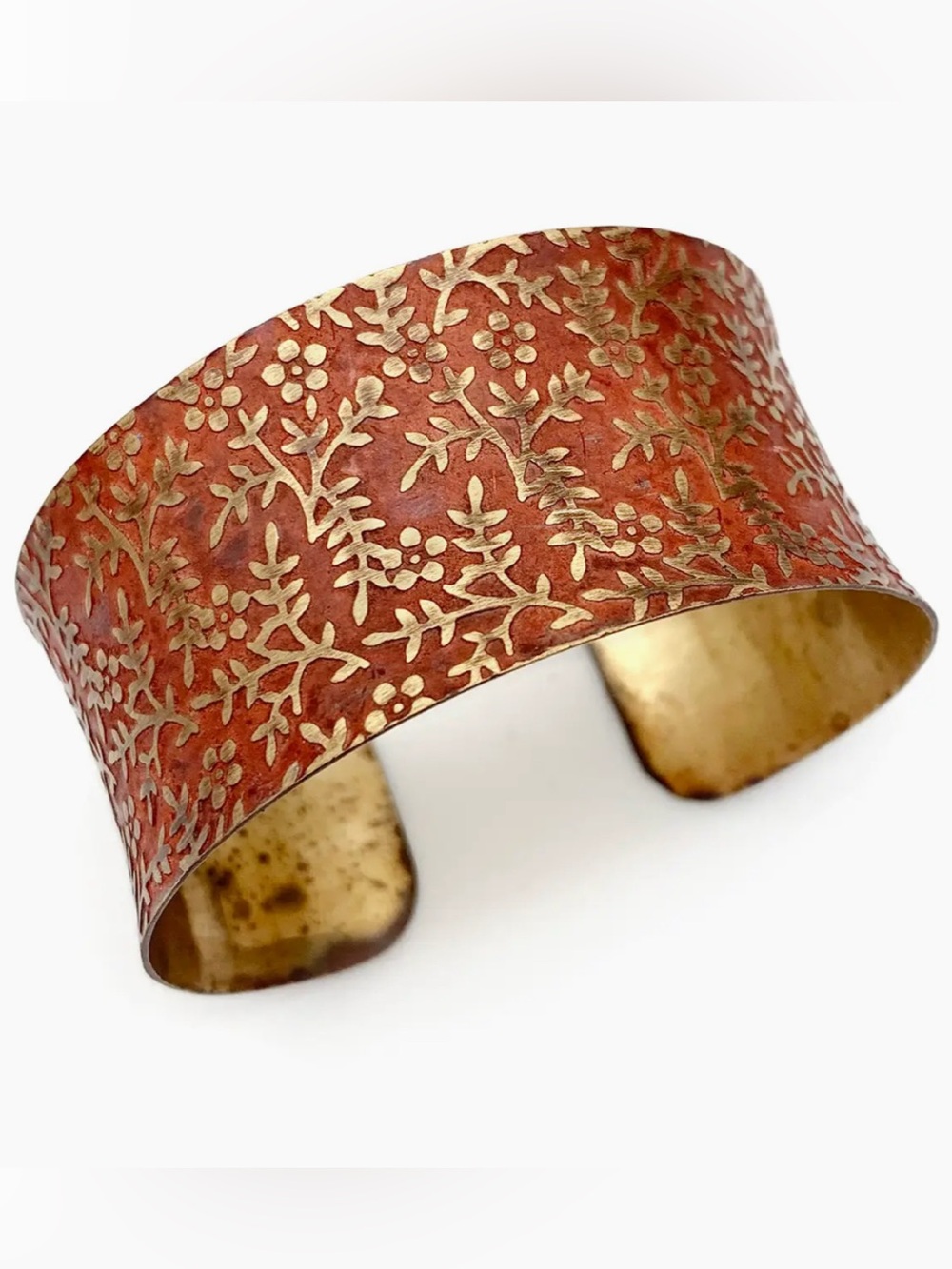Handcrafted Floral Etched Copper and Gold Cuff Bracelet